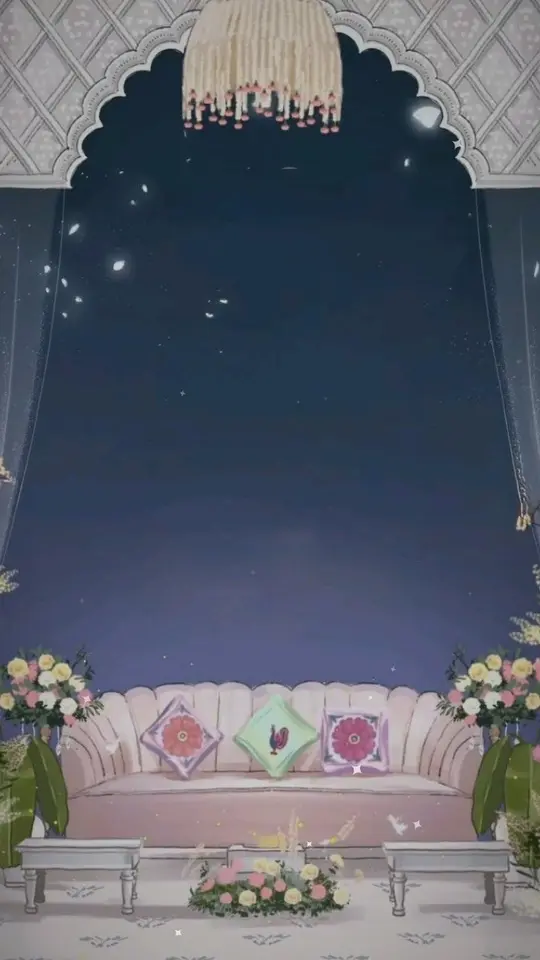 The same invitation after the wedding: a thank-you page over a painted reception night, with a gallery of the couple