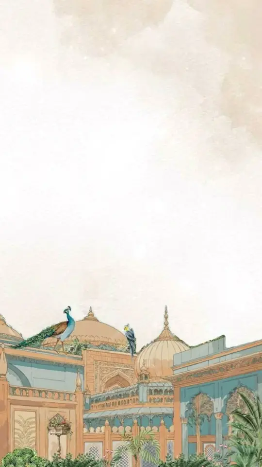 The Arjun and Meera wedding invitation opening: a watercolour Jaipur palace behind their names in calligraphy