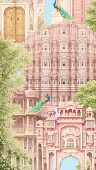 Illustrated pink Jaipur palace with peacocks on its balconies, Wedyay invitation art